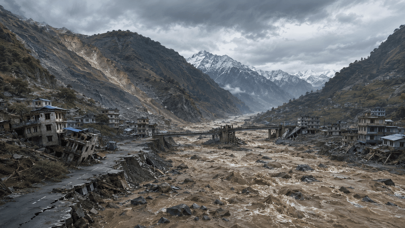Editorial illustration of destructive flooding in a Himalayan border valley