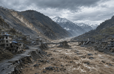Editorial illustration of destructive flooding in a Himalayan border valley