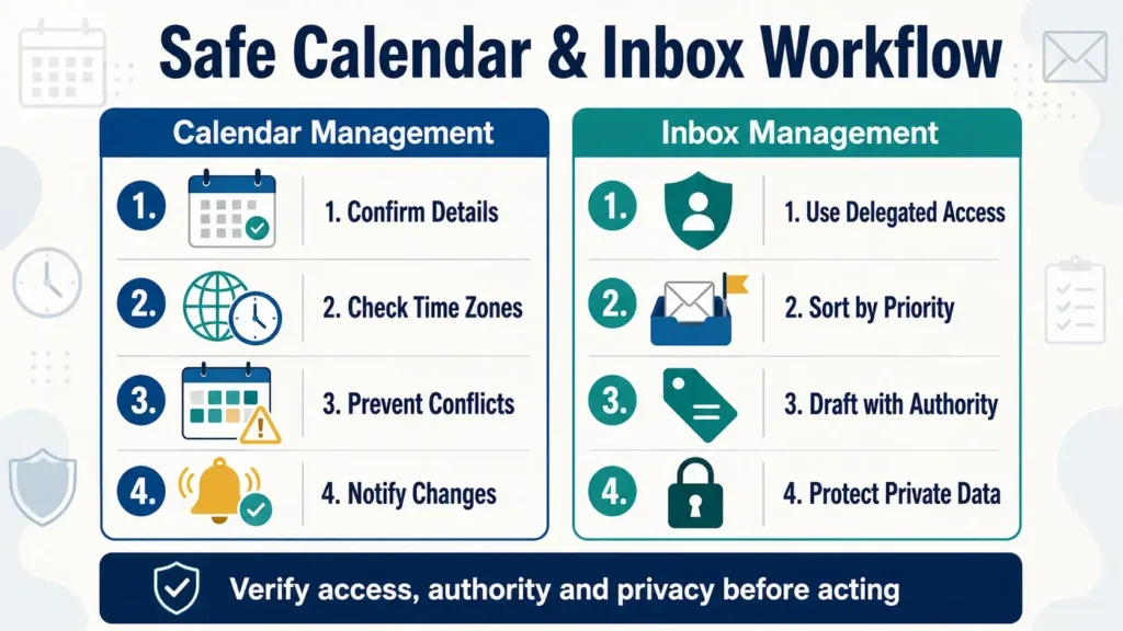 Safe calendar and inbox management workflow for virtual assistants