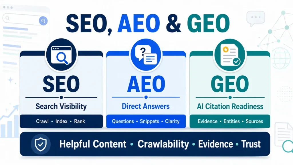 Comparison of SEO AEO and GEO responsibilities