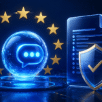 AI chat assistant beside EU stars and a digital regulation shield