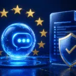 AI chat assistant beside EU stars and a digital regulation shield