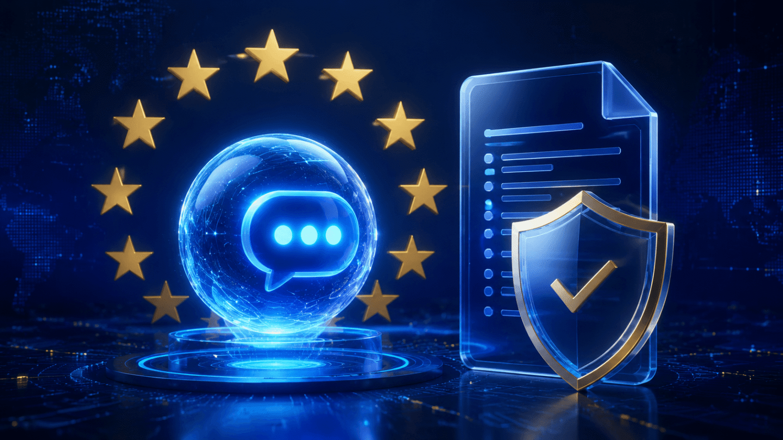 AI chat assistant beside EU stars and a digital regulation shield