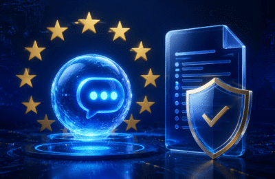 AI chat assistant beside EU stars and a digital regulation shield