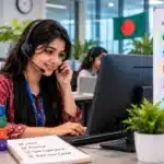 Bangladeshi student working in a call center with a headset and computer