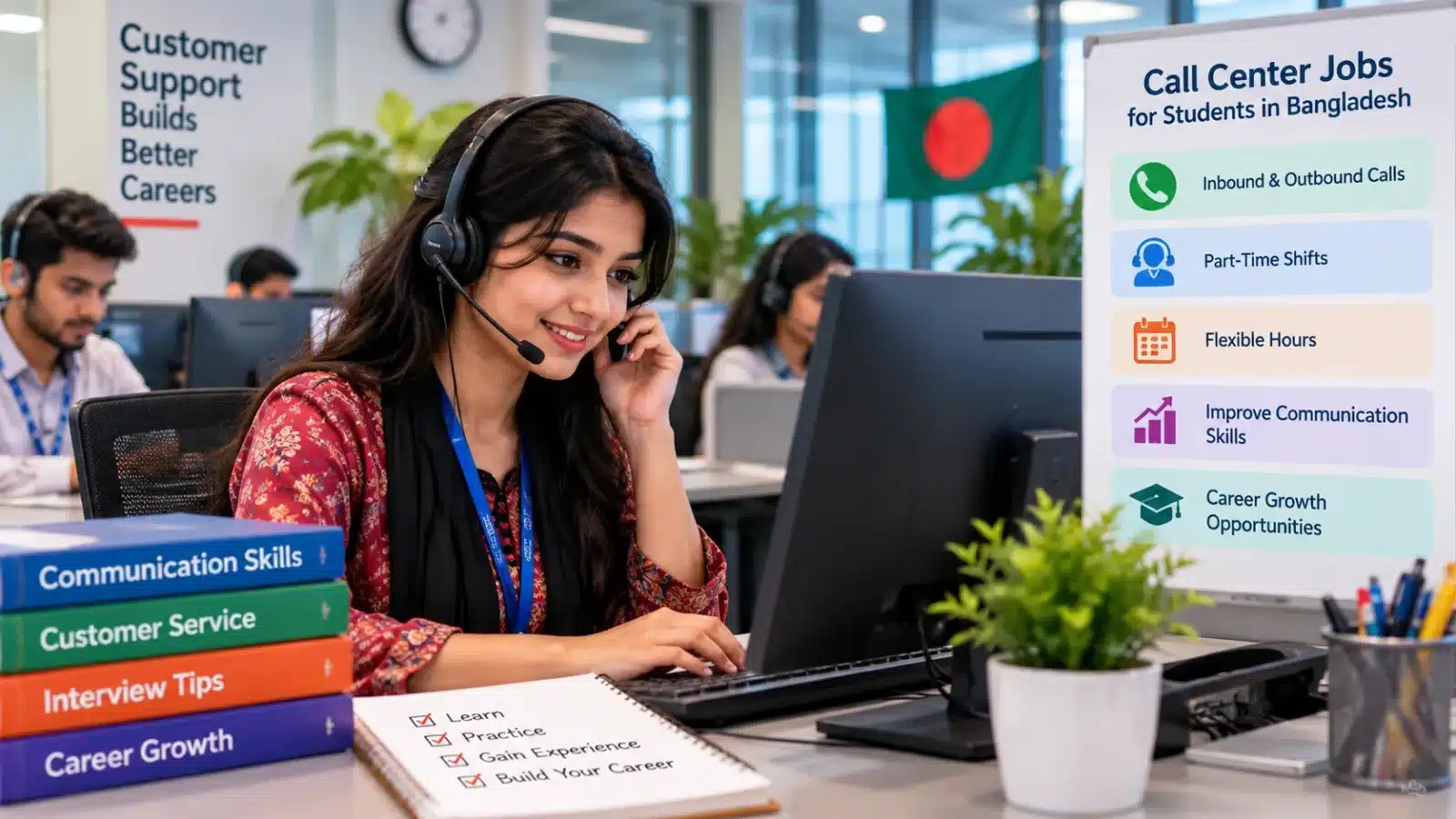 Bangladeshi student working in a call center with a headset and computer