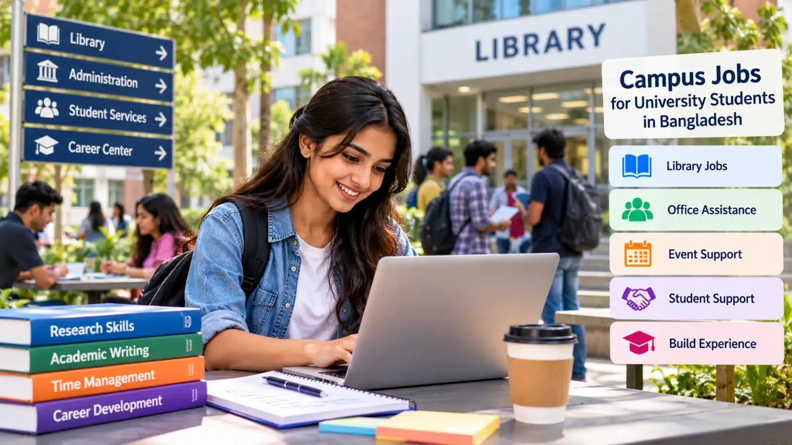 Bangladeshi university student exploring campus job opportunities near a university library