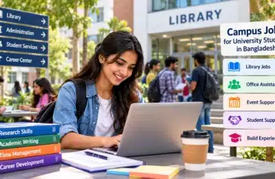 Bangladeshi university student exploring campus job opportunities near a university library