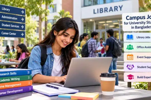 Bangladeshi university student exploring campus job opportunities near a university library