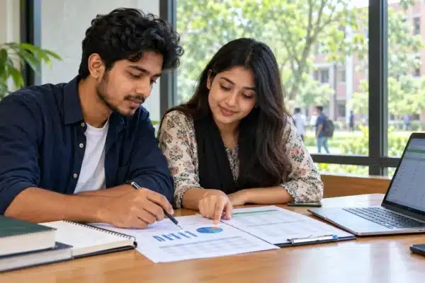 Bangladeshi BBA students reviewing a business research sheet and enquiry tracker