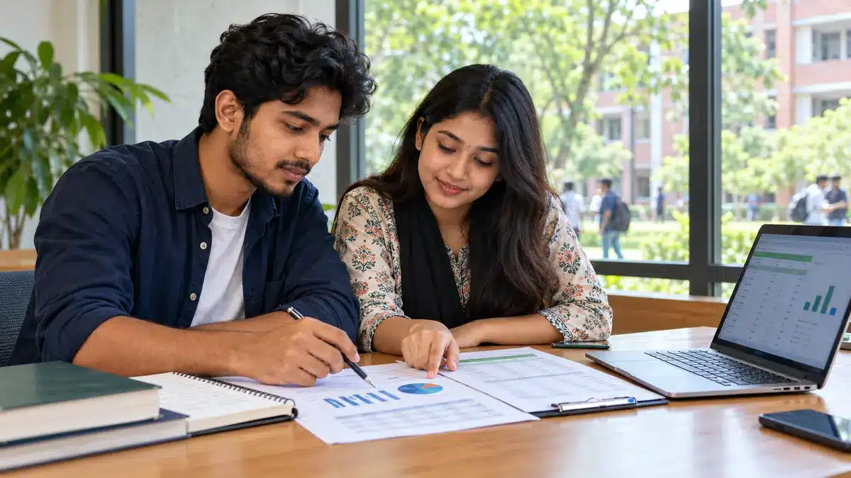 Bangladeshi BBA students reviewing a business research sheet and enquiry tracker