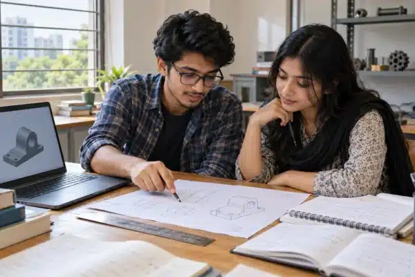 Bangladeshi university engineering students reviewing a practice drawing and project notes