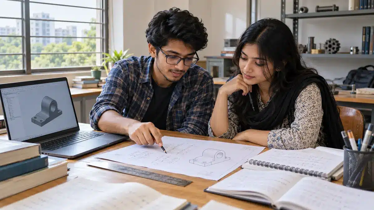 Bangladeshi university engineering students reviewing a practice drawing and project notes