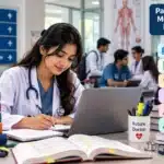 Bangladeshi medical student exploring safe part-time jobs while studying with a laptop and medical books