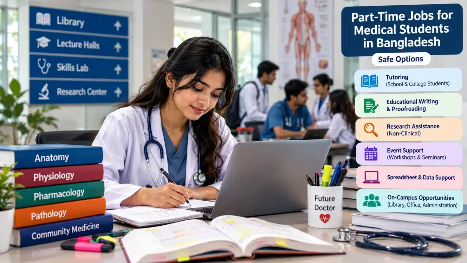 Bangladeshi medical student exploring safe part-time jobs while studying with a laptop and medical books