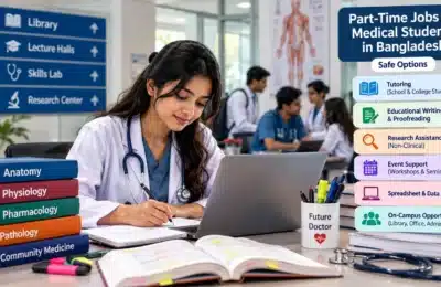 Bangladeshi medical student exploring safe part-time jobs while studying with a laptop and medical books