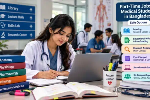 Bangladeshi medical student exploring safe part-time jobs while studying with a laptop and medical books