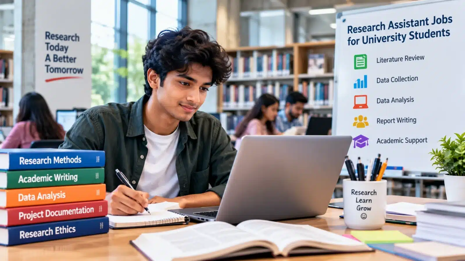 Bangladeshi university student working on research with a laptop, books and academic notes