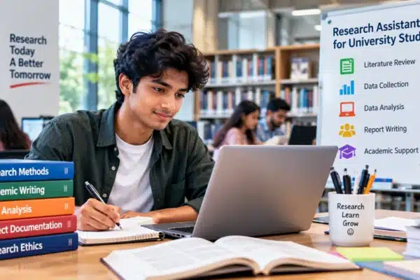 Bangladeshi university student working on research with a laptop, books and academic notes