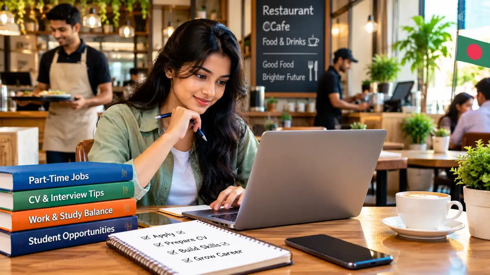 Bangladeshi student exploring restaurant and cafe jobs while preparing a CV and job application