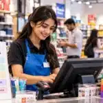 Bangladeshi student working a part-time retail job as a shop assistant in a store