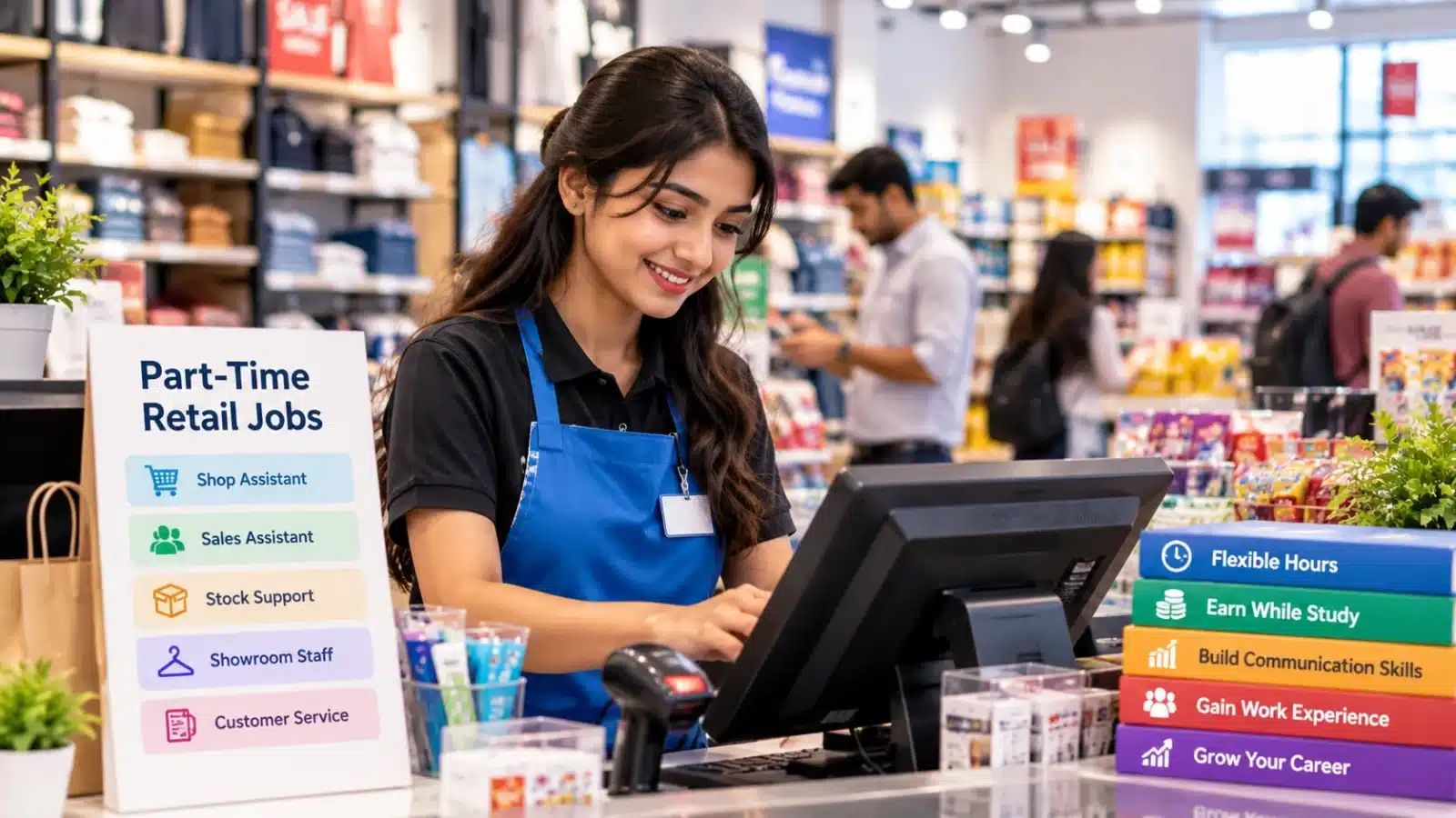 Bangladeshi student working a part-time retail job as a shop assistant in a store