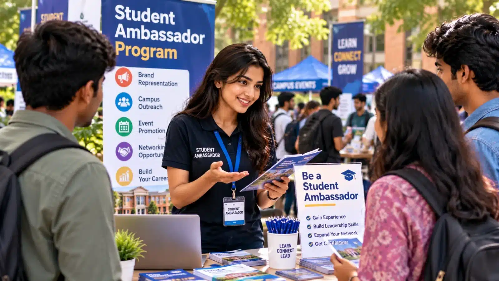 Bangladeshi university student ambassador speaking with students at a campus event