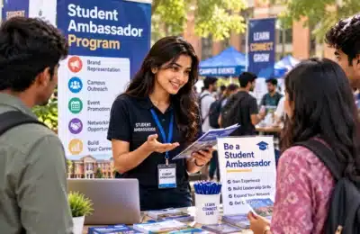 Bangladeshi university student ambassador speaking with students at a campus event
