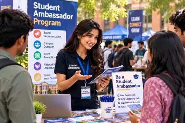 Bangladeshi university student ambassador speaking with students at a campus event