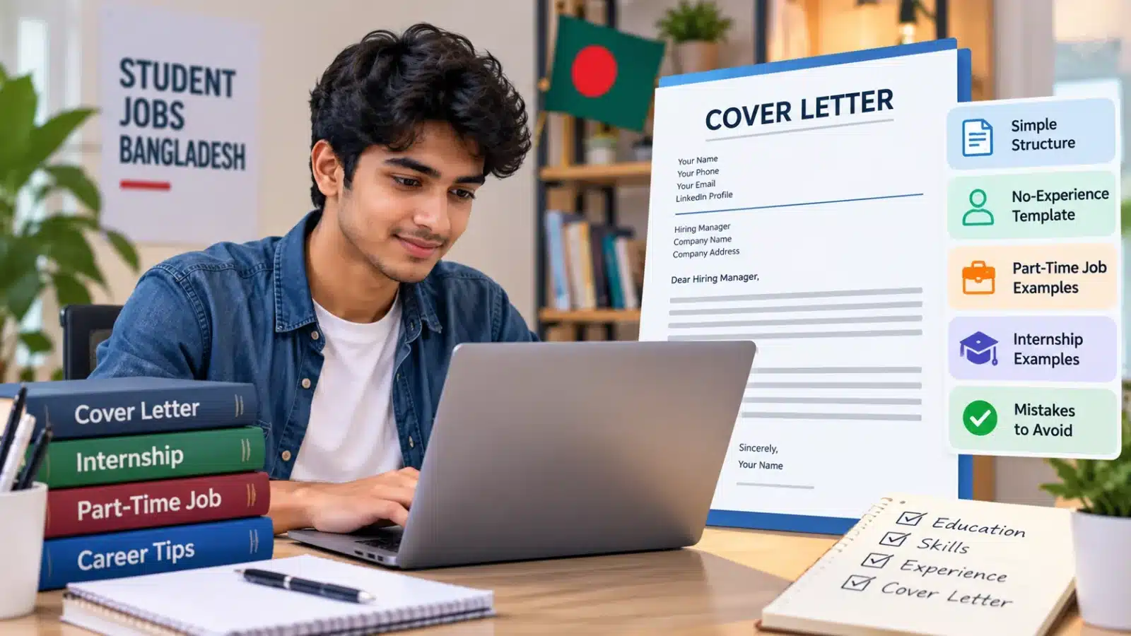 Bangladeshi student writing a job cover letter for part-time jobs and internships