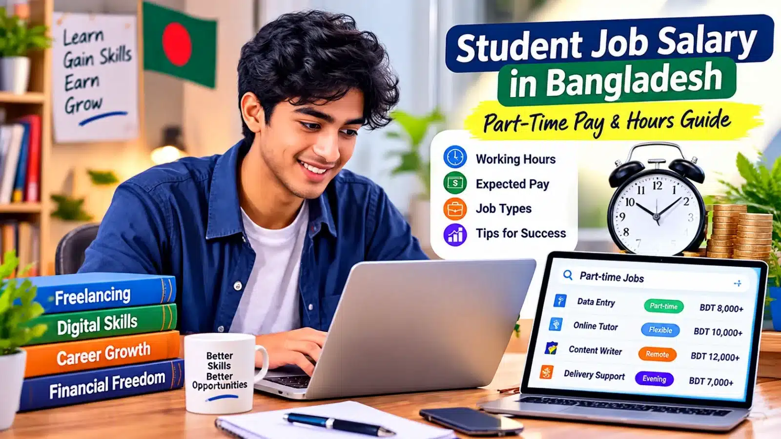 Bangladeshi student comparing part-time job salary, working hours and job options