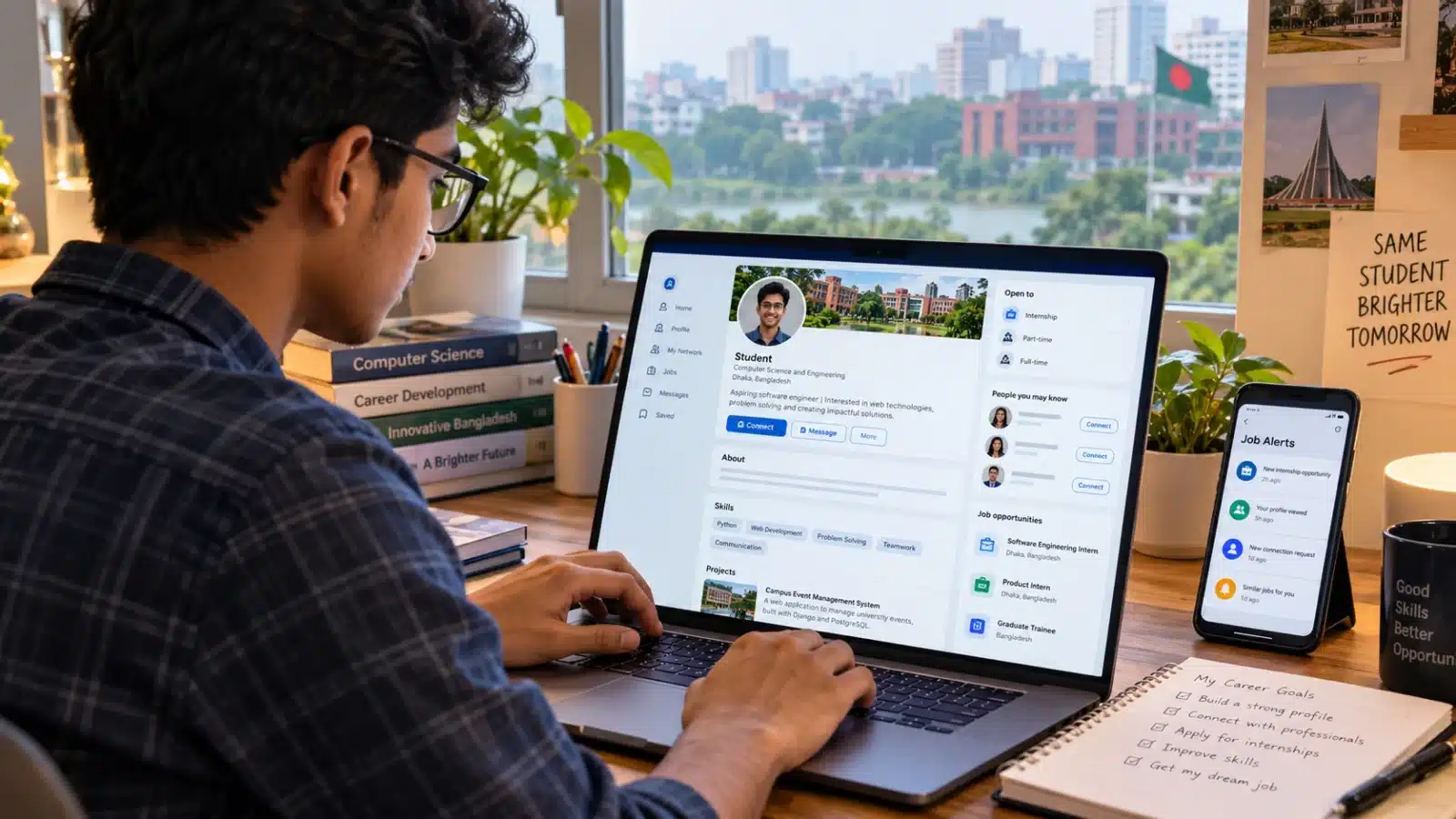 Bangladeshi student updating a LinkedIn profile for internships and job search